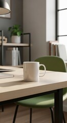 Obraz premium A light beige wooden desk, featuring a plain white mug, sits in a modern, minimalist workspace.