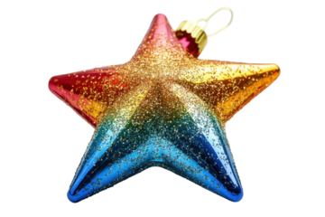Colorful metal Star of Bethlehem ornament decoration with hanging loop on a transparent background