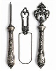 Collection of Three Silver Antique Utensils Ornate Design on a White Background