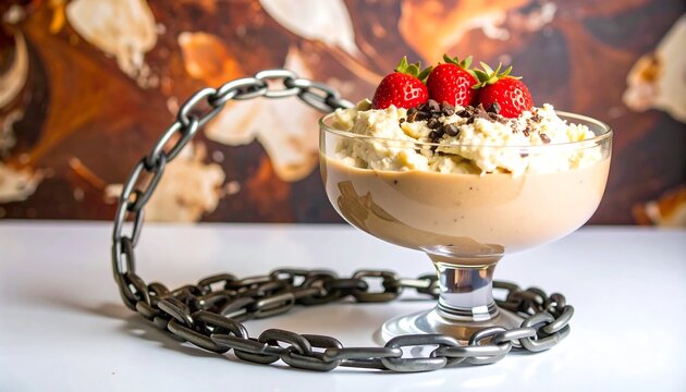 A decadent chocolate dessert, topped with whipped cream and fresh strawberries, encircled by a metal chain, sits alluringly on a plain white surface.