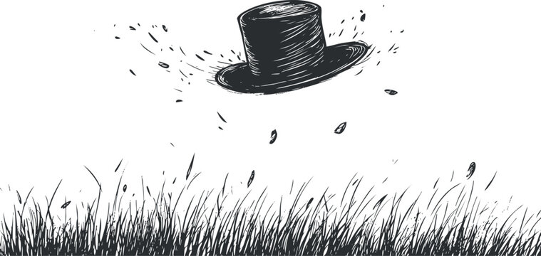 Black and white sketch of a top hat flying above grass with leaves blown by the wind