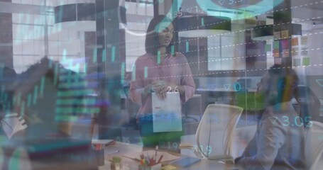 Animation of financial data processing over diverse business people in office - Powered by Adobe