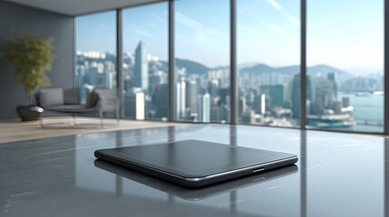 Fototapeta premium Sleek Silver Tablet Computer with Luminous Display on Black – Immersive Digital Wellness Visual for AI-Driven Tech Branding