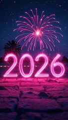 Stunning night scene featuring vibrant pink neon "2026" with festive fireworks overhead, set against a backdrop of palm trees, perfect for new year's celebrations.