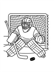 Hockey goalie coloring page with goalkeeper in protective gear, standing in front of net with stick, puck and gloves, black and white outline.