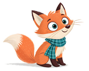 Obraz premium A cartoon fox sitting wearing a blue and green plaid scarf with a fluffy white tipped tail looking upward