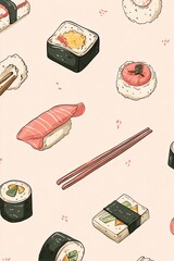 Simple illustration of Asian food items, sushi rolls and chopsticks, minimal details, isolated on white background. Concept of Japanese cuisine, dining, and food culture.