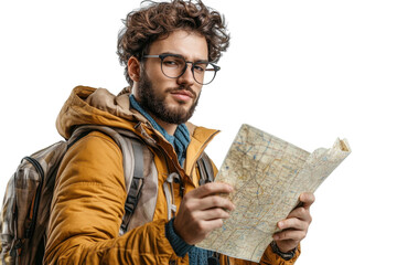 Bearded Man with Glasses Reads Road Map while Hiking in the Mountains on Isolated Transparent Background