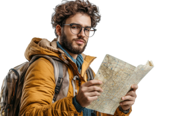 Bearded Man with Glasses Reads Road Map while Hiking in the Mountains on Isolated Transparent Background