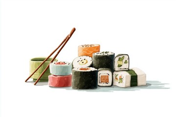 Simple illustration of Asian food items, sushi rolls and chopsticks, minimal details, isolated on white background. Concept of Japanese cuisine, dining, and food culture.