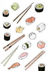 Simple illustration of Asian food items, sushi rolls and chopsticks, minimal details, isolated on white background. Concept of Japanese cuisine, dining, and food culture.