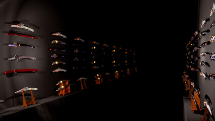 大量の刀コレクションが壁に掛けて並べてある武器庫
