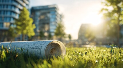Fototapeta premium Architectural Blueprint Resting on Green Grass in a City Park with Modern Buildings Backdrop