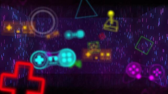 Animation of neon gaming icons over digital rain on black background