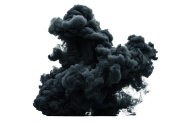 Voluminous mass of dark gray smoke is slowly drifting and billowing on a light background