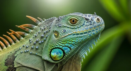 Fototapeta premium Close-up of a vibrant iguana, showcasing intricate scales and a profile view against a blurred natural background.