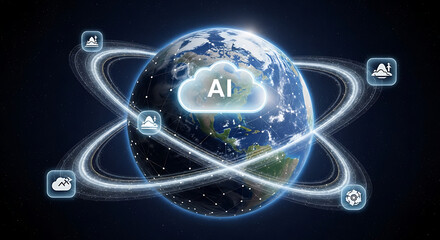 Ai cloud over earth with glowing rings and icons in a dark blue space background design concept