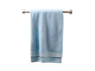 A light blue terry cloth towel hanging on a metal bar, isolated on transparent background