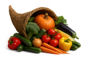 Cornucopia overflowing with fresh vegetables on transparent background