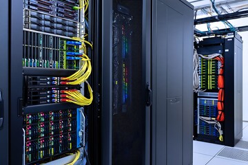 Modern data center server racks with glowing lights and yellow cables creating a high-tech atmosphere
