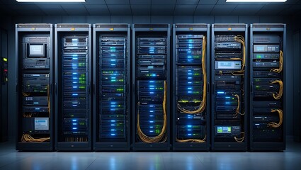 Modern server racks filled with glowing blue lights representing technology and data centers