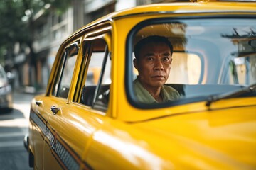 Taxi driver sitting behind the wheel of a yellow cab, visible through the side window, urban street in the background. Transportation, city life, and professional drivers.