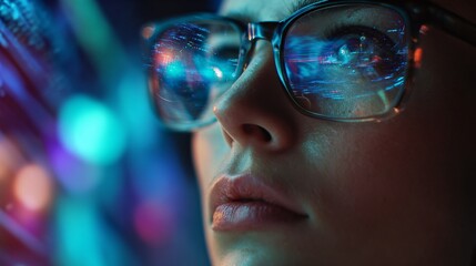 Abstract Tech Reflections Close-Up of Woman's Face with Illuminated Glasses, Futuristic Vision