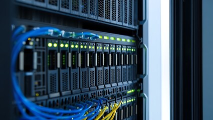 Close-up of a server rack with blinking lights and blue network cables signifying technology and data center operations
