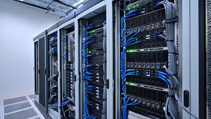 Modern server room with blinking lights and network cables creating a high-tech data center environment