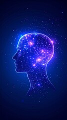 Obraz premium Human Head Profile with Glowing Dots Artificial Intelligence on Dark Blue Background