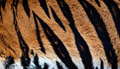 Close-up view of a tiger's striped fur, showcasing its texture and color variations.