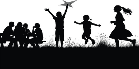 Family Silhouette Picnic With Kids Playing And Flying Paper Airplane children