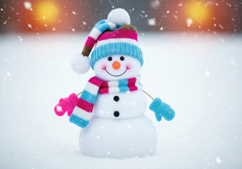 Fototapeta premium Cheerful snowman with colorful hat, scarf, and mittens beside stacked gift boxes—perfect for festive winter or holiday-themed content.