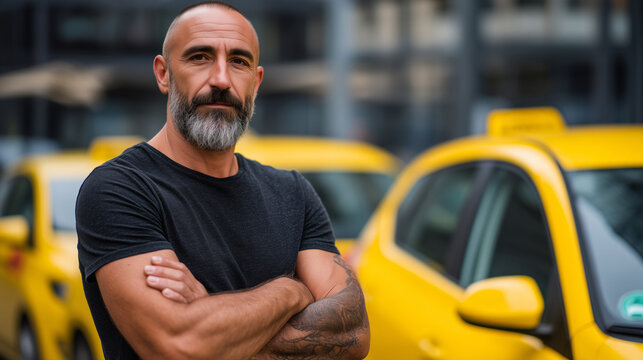 Taxi driver standing confidently in front of yellow cab with folded arms, urban street in the background, daytime lighting. Concept of professional driver, city transportation, and taxi service.