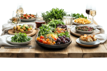 Elegant table spread of gourmet vegan appetizers, colorful vegetable crudites, side dishes, and drinks on a bright white background