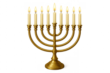 Golden menorah with burning candles celebrating Hanukkah on transparent background