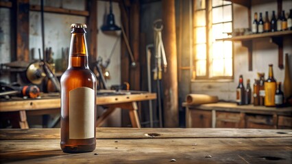 Amber beer bottle with blank label on a wooden table in a rustic workshop