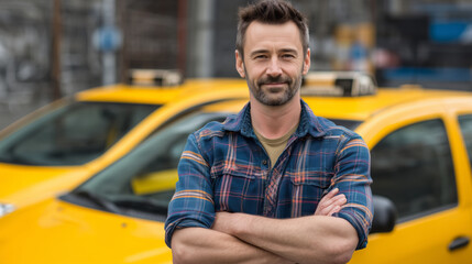 Taxi driver standing confidently in front of yellow cab with folded arms, urban street in the background, daytime lighting. Concept of professional driver, city transportation, and taxi service.