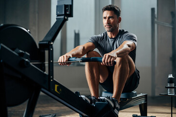 Young man exercising on rowing machine in gym, mid-stroke, surrounded by fitness equipment and weights.