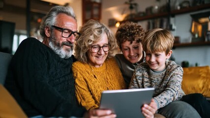 A family of four is sitting on a couch and looking at a tablet. The man is wearing glasses and the woman is smiling. The children are also smiling and seem to be enjoying the moment - Powered by Adobe