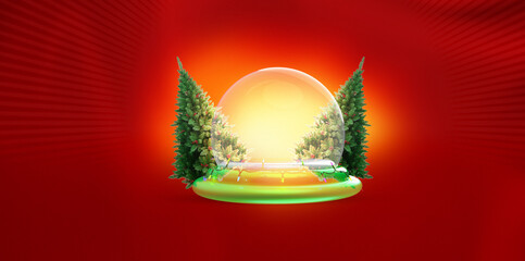 Magical Christmas Glass Dome with Glowing Light and Snow Globe Effect, Surrounded by Decorated Holiday Trees, Festive Ornaments, Shiny Golden Glow, and Colorful Lights on Bright Red Background 