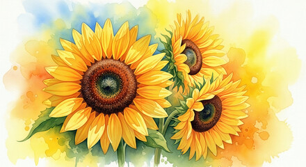Obraz premium Watercolor sunflowers with vivid petals and lush leaves, perfect for summer-themed designs, nature art, or seasonal decor.