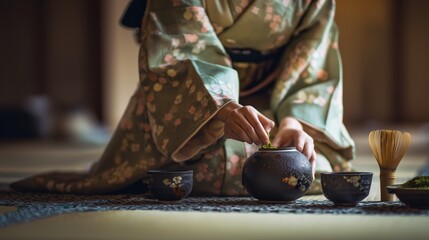 Traditional Japanese or Chinese Asian Eastern tea ceremony, woman in kimono gracefully preparing tea in cups using elegant utensils in a tatami room.