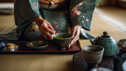 Traditional Japanese or Chinese Asian Eastern tea ceremony, woman in kimono gracefully preparing tea in cups using elegant utensils in a tatami room.