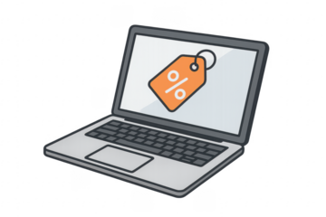 Laptop displaying discount tag on transparent background, online shopping concept