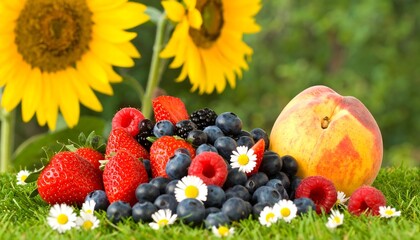 A vibrant arrangement of fresh, colorful berries and a peach, displayed on a bed of green grass with wildflowers, against a backdrop of sunflowers.