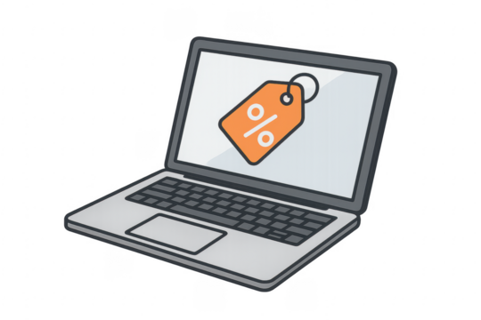 Laptop displaying discount tag on transparent background, online shopping concept