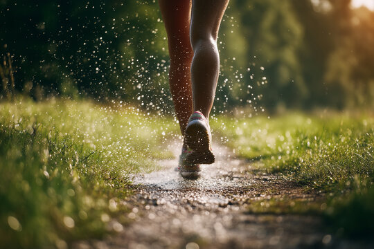 Person running through water splashes on a dirt path in green nature legs feet - Powered by Adobe