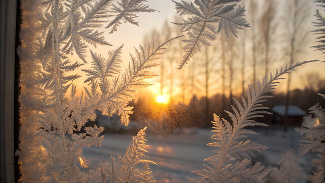 Frosted window with ice patterns and sunset in winter landscape  