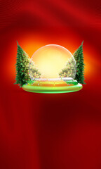 Magical Christmas Glass Dome with Glowing Light and Snow Globe Effect, Surrounded by Decorated Holiday Trees, Festive Ornaments, Shiny Golden Glow, and Colorful Lights on Bright Red Background 